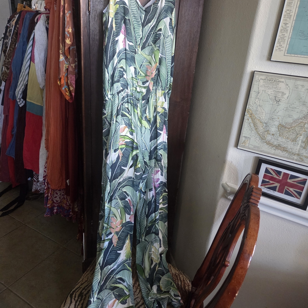Just Cavalli Green and Pink Leaf Print Jumpsuit